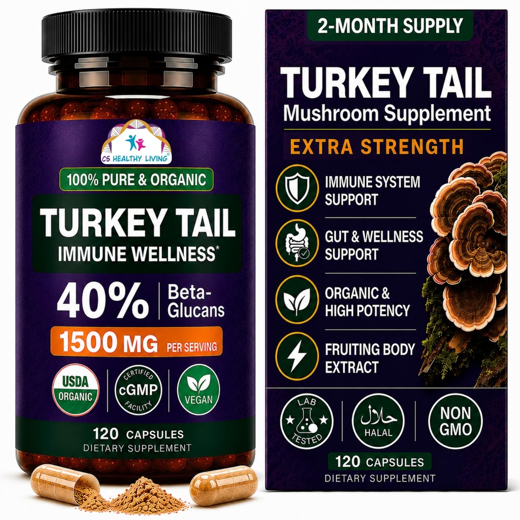 CANCER SCIENCES Türkiye Tail Wellness Mushrooms Supplement, USDA sertifikalı Organik Ekstra Güçlü 1,500 mg, Yüksek Potency% 40 Beta-Glucans, Gut & Immune Support, Natural Digestive, 120 Capsules