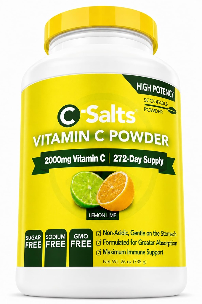 C-Salts Buffered Vitamin C Powder - Pure Organic, Stomach Friendly Ascorbic Acid VIT C Drink for Daily Immune Support & Collagen Production - Vegan Non GMO Sugar Free - 272 Servings Lemon Lime, 26oz