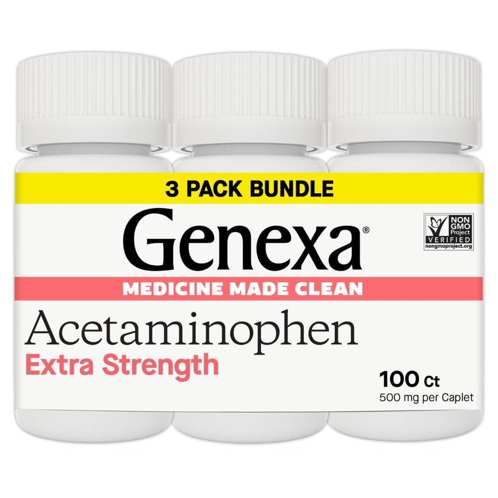 Genxa Clean Acetaminophen 500 mg Ekstra Güçlü, Dye Free Pain Reliever Ateş Tespiti, 0% Yapay Katkılar, Yetişkinler için Ağrı Tıp, Relieves Headache, Backache, Minor Arthritis Pain, 300 Tablet