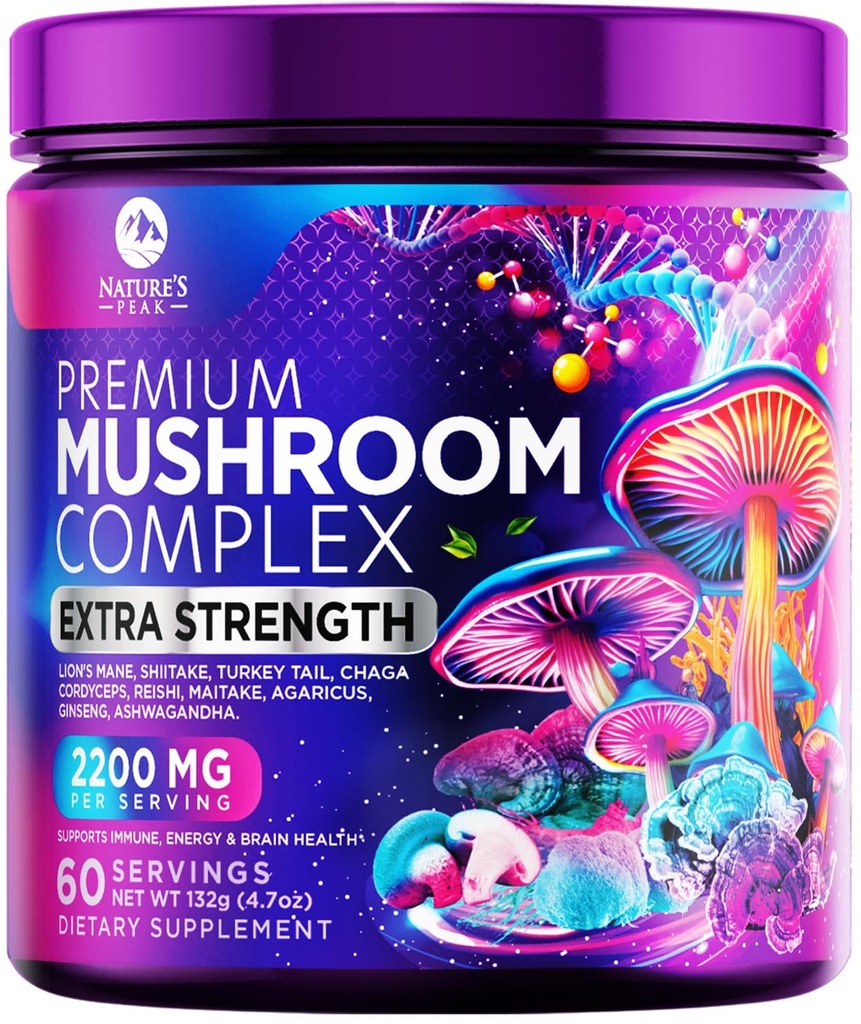 Mushroom Powder Supplement - 11-in-1 Blend - Organic Lions Mane, Reishi, Cordyceps, Chaga, Turkey Tail Mushroom Extract Powder - Brain & Immune Support Mushrooms Powder - Bottled in USA - 60 Servings