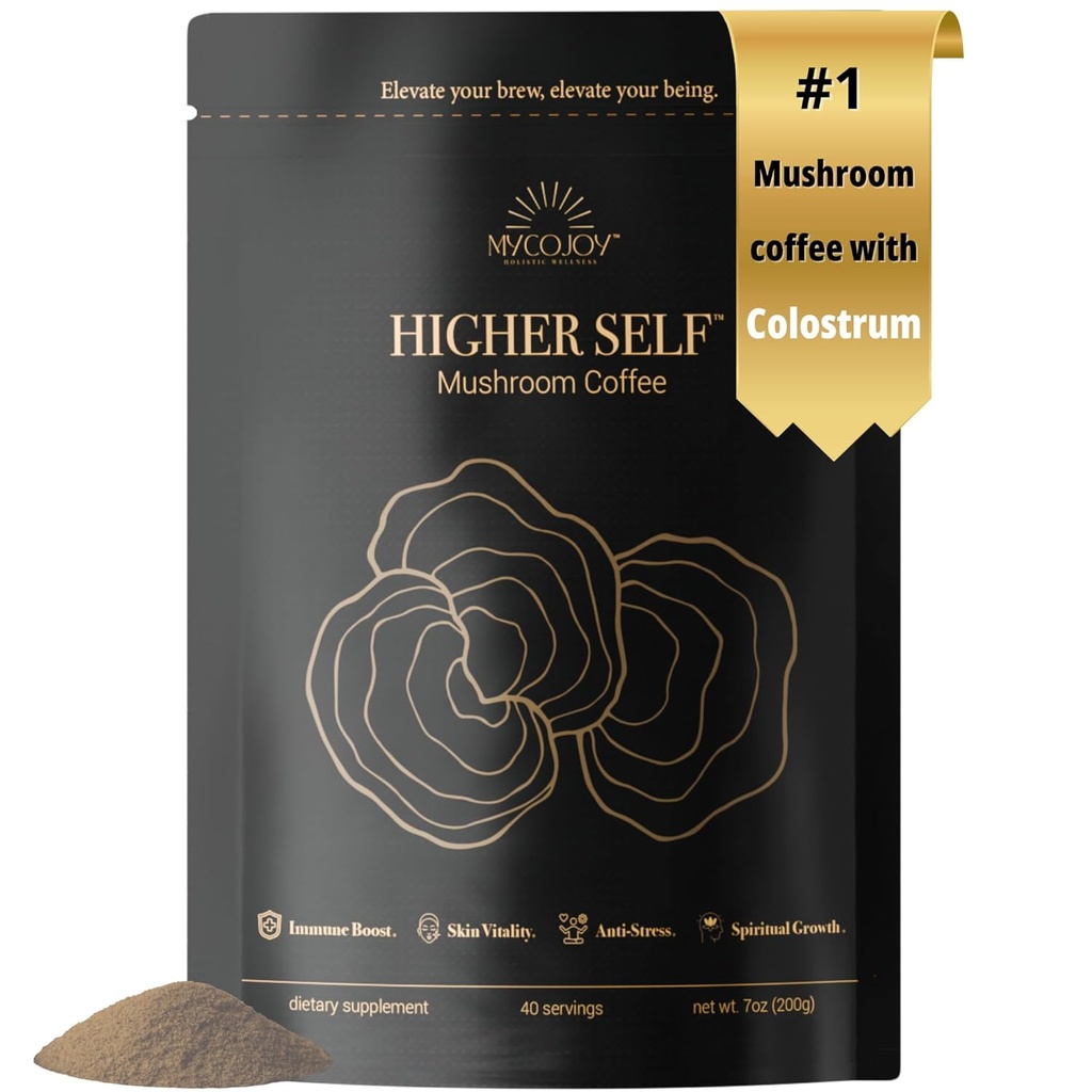 HIGHER SELF™ Mushroom Coffee Ultimate Focus & Immune Support Blend with 40% IgG Colostrum, Organic Arabica, Lion's Mane, Reishi, Chaga, L-Theanine and Frankincense for Immune Support, Focus, Energy, Mood and Gut Health | 7oz. 40 servings