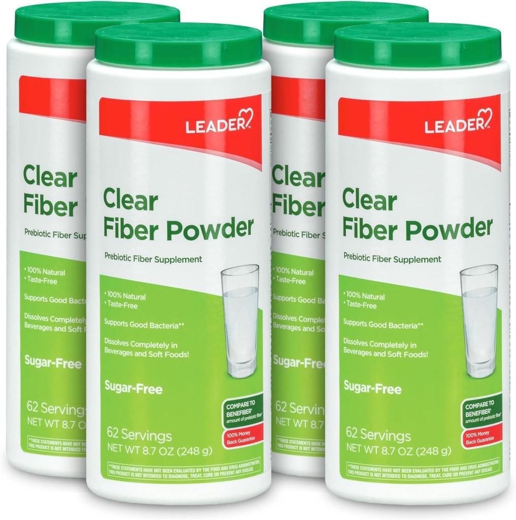 Leader Prebiotic Fiber Supplement Powder for Digestive Health, 100% Natural Daily Fiber Powder, Sugar-Free, Taste-Free, Gluten Free, Non-GMO, Unflavored, 62 Servings (8.7 OZ) (Pack of 4)