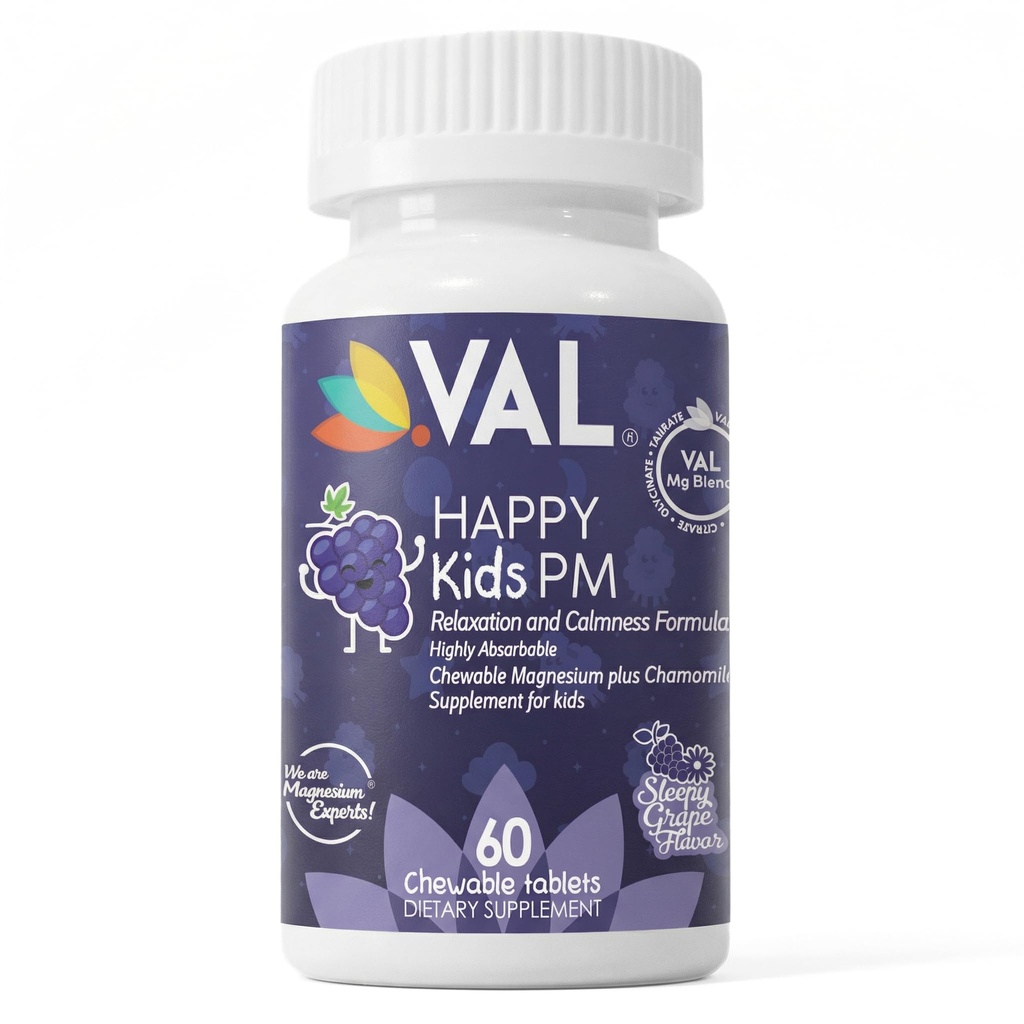 VAL Çocuklar PM Magnezyum Gummies | Sugar-Free Chewable Tabletler with Chamomile, Magnezyum Glycinate + Citrate + Taurate | Vitamin B6 & C | Natural Grape Flavor | Sleep & Calm Support | 60 Ct |