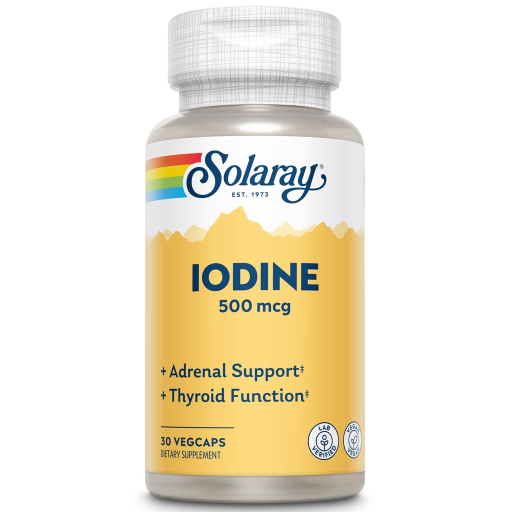 Solaray Iodine 500 mcg, Iodine Supplement for Health Adrenal and Thyroid Support, Energy, Metabolism, and Focus, Pyum Iodide, Vegan, 60-Day Money-Backs, 30 Services, 30 VegCaps