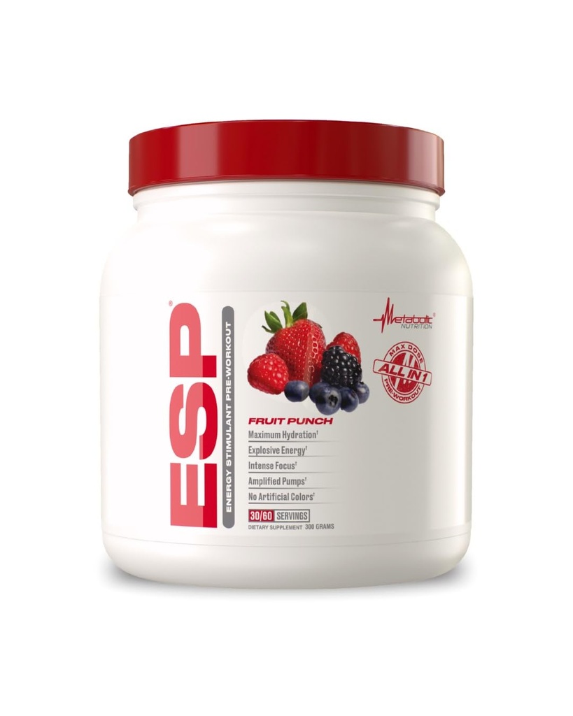 Metabolic Nutrition, ESP, Energy and Endurance Stimulating Pre Workout, Pre Intra Workout, High Energy and Mental Focus, Stimulating Workout Supplement, Fruit Punch, 300 Grams
