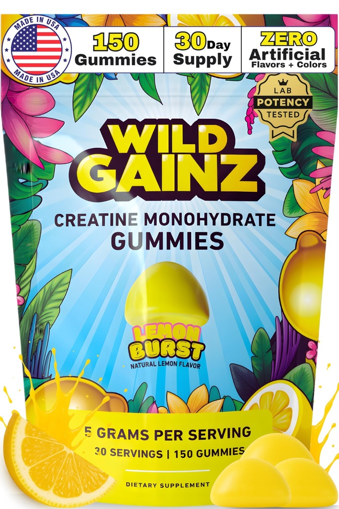 Erkekler ve Kadınlar 5000 mg için Kreatin Monohidrat Gummies - ABD'de Made in USA, Potency Tested, Vegan, Supports Muscle growth, Strength & Cognitive Function, Non-GMO Gluten-Free Lemon Flavored Tinatine 150 Chews