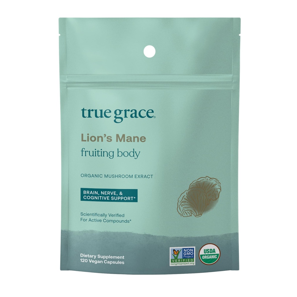 True Grace Mushroom Lion's Mane Brain, Nerve & Bilişsel Destek - 120 Kont Capsules - Organik Organik