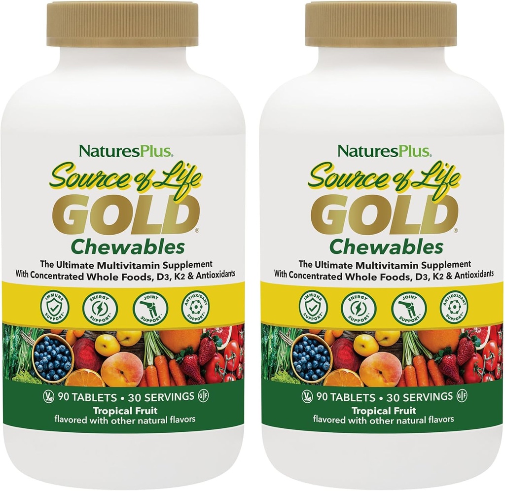 NaturesPlus Life Gold Multivitamin Kaynağı - 90 Chewable Tabletler, 2 Paket - D3, B12, K2 & More 120 Tüm Gıdalar - Kan, Bone & Immune Support - Gluten Free - 60 Toplam Hizmetler