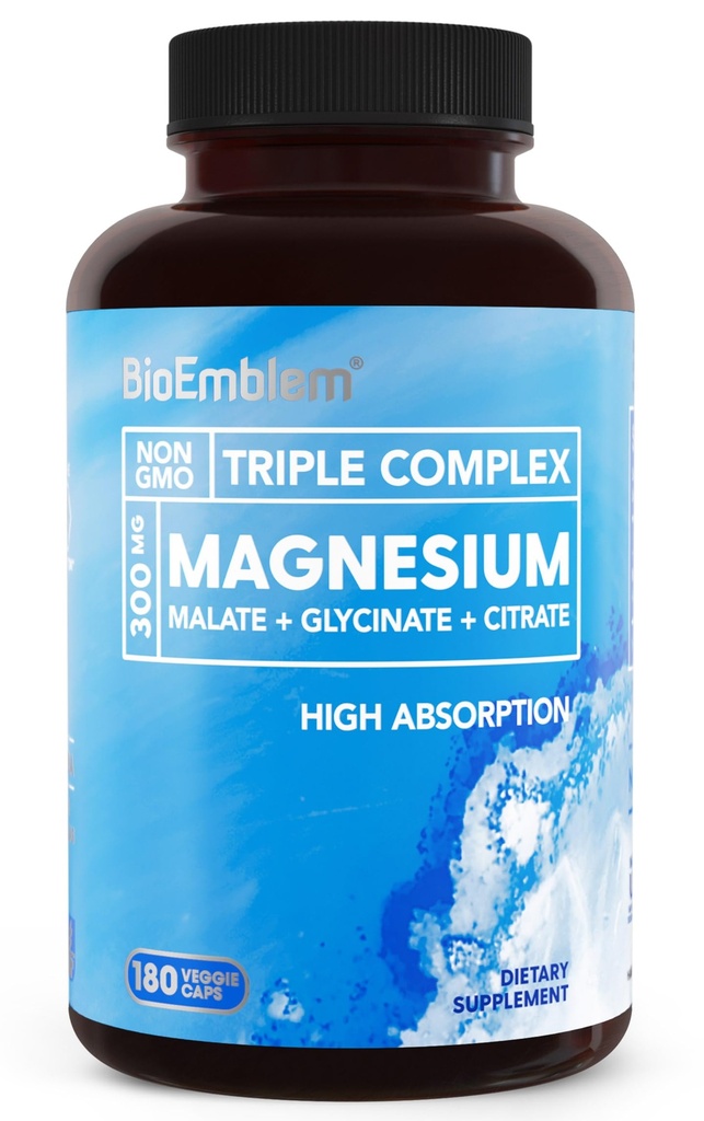 BioEmblem Triple Magnezyum Kompleksi | 300 mg of Magnezyum Glycinate, Malate, & Citrate for Muscles, Nerves, & Energy | High Abxia | Vegan, Non-GMO | 180 Capsules