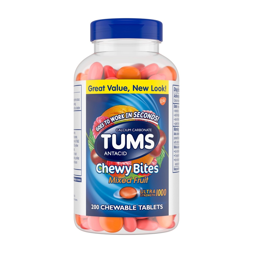 TUMS Chewy, Ultra Strength Heartburn Yardımı için Antacid Tabletlerini Bites Chewable Antacid Tabletleri, Bir Yaz Barbekü Karma Meyvesi için Büyük - 200 Kont