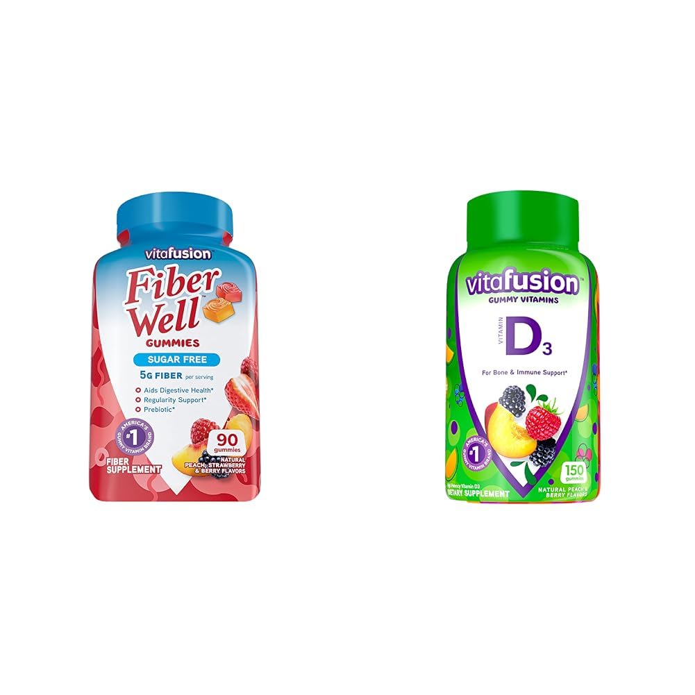 Vitafüzyon Fiber Well Sugar Free Fiber Supplement & Vitamin D3 Gummy Vitamins for Bone and Immune System Support, Peach, Blackberry ve Strawberry Flavored, 50 mcg Vitamin D, 75 Day Supply, 150 Kont Vitamin D, 75 Day Supply, 150 Count