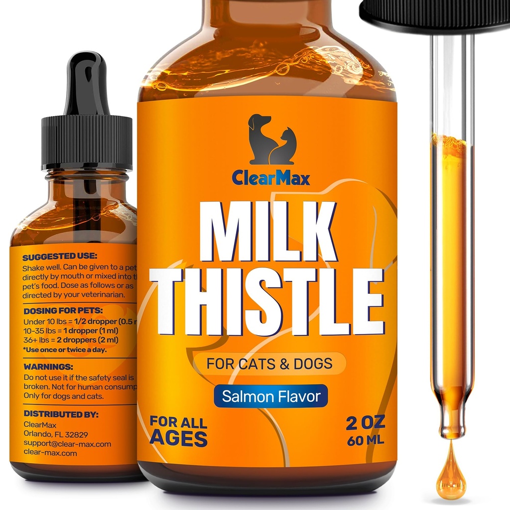 Milk Thistle for Dogs – Liver & Kidney Support for Large & Small Pets – Milk Thistle for Cats to Care for Digestion – Specialist-Approved Liquid Formula with Salmon Flavor – GMO Free – 2 Oz Bottle