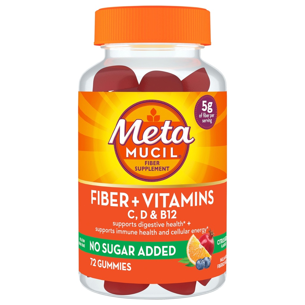 Metamucil Fiber Suplement 72 Gummies, Fiber + Vitaminler C,D & B12 Hiçbir Şeker eklendi, Destek Digestive şifa + Destek Immune Health, Citrus Berry Flavor.