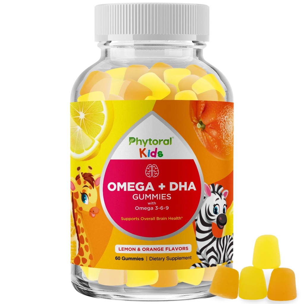 Çocuklar için Omega ve DHA Gummies - Fatty Asits Omega 3 6 9, Vision için C vitamini ile Beslenme DHA - Sağlıklı Nervous System & Focus Desteği için Çocuklar için Beslenme - Balık Ücretsiz - 60 Kont