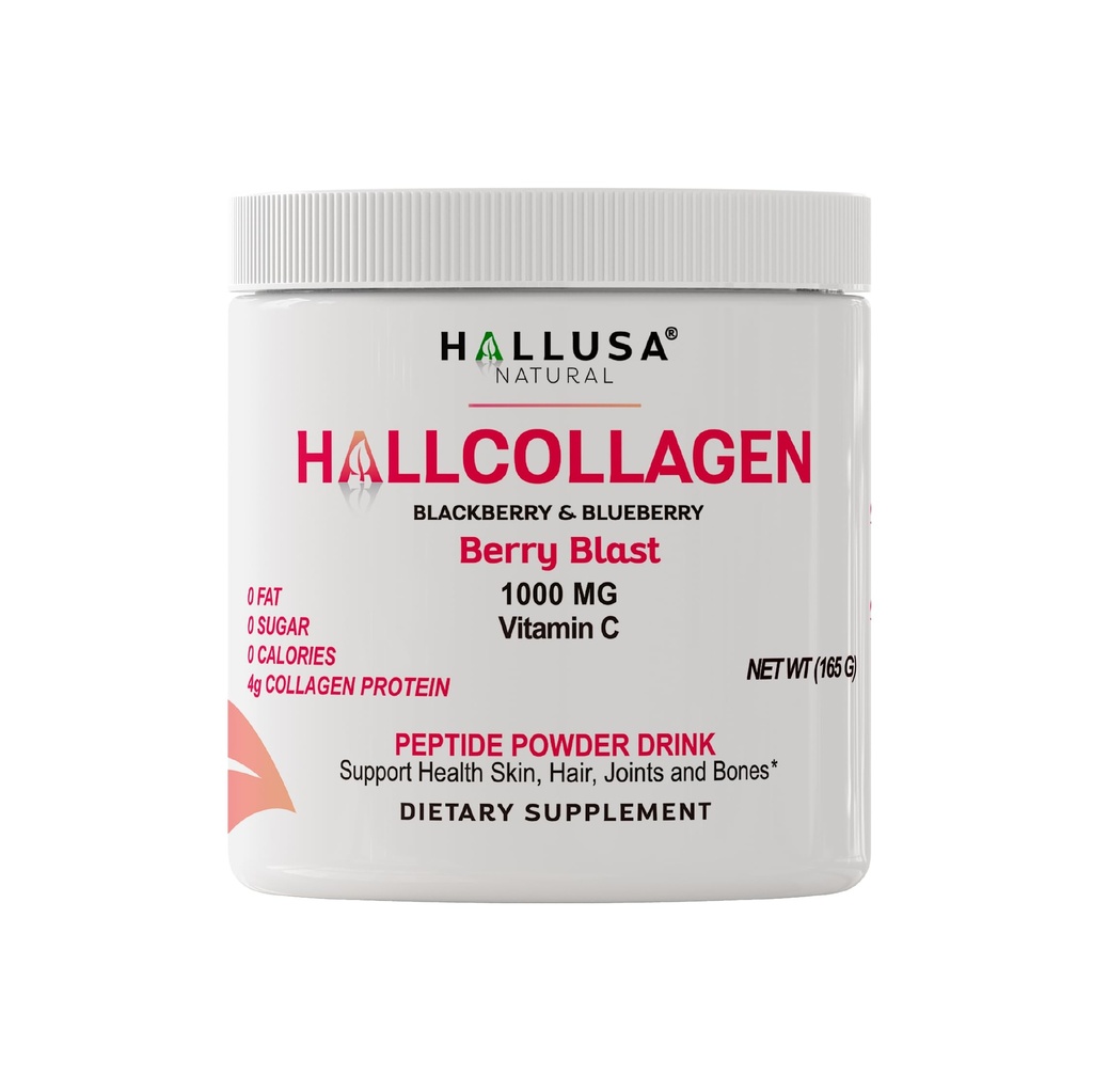 Hallusa Natural Hydrolyzed Collagen BlackBerry Toz 1000 mg with Vitamin C | BlackBerry & Blueberry Flavor | 4g Collagen per Service | Sağlıklı Saç, Skin, Nails, Bone & Ortak Destek