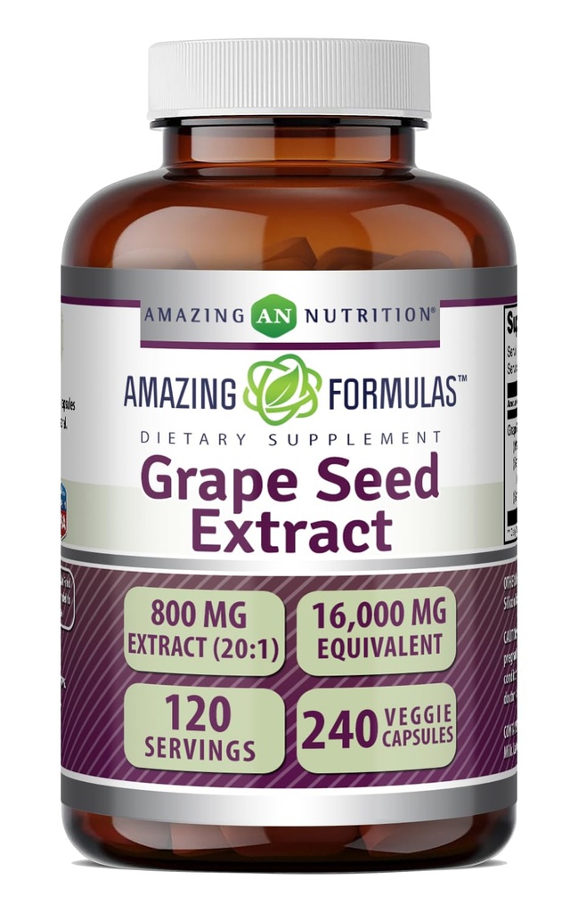 Amazing Formulas Grape Tohum 800 Mg Extract (20:1) | 16000 Mg Equivalent | Veggie Capsules | Non-GMO | Gluten-Free | Made in USA (240 Count)