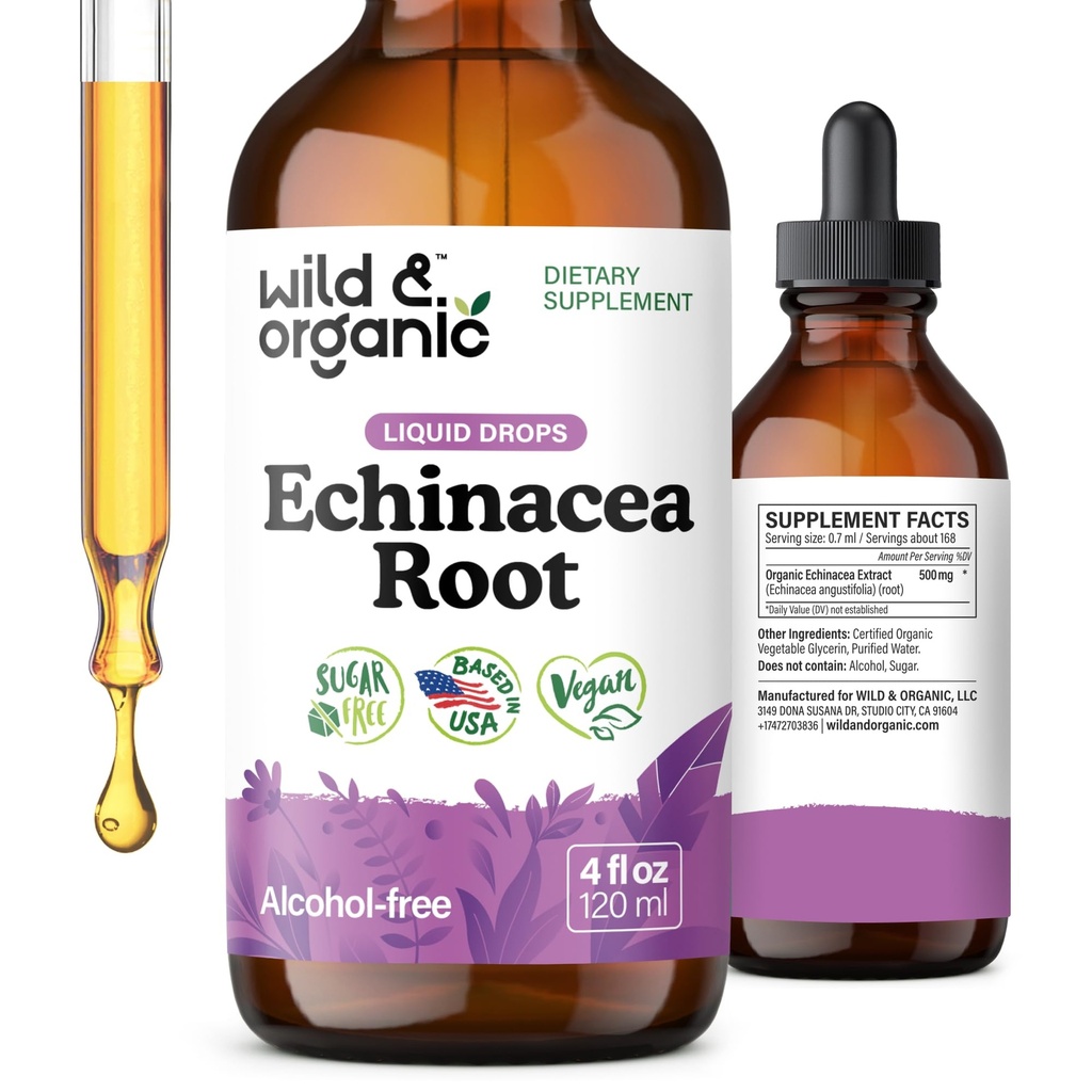 Wild & Organic Echinacea Drops - Immune Support Supplement with Echinacea Angustifolia - Sıvı Kök Ekstraksiyon Tincture - Vegan, Sugar & Alkol-Free - 4 fl ozzz