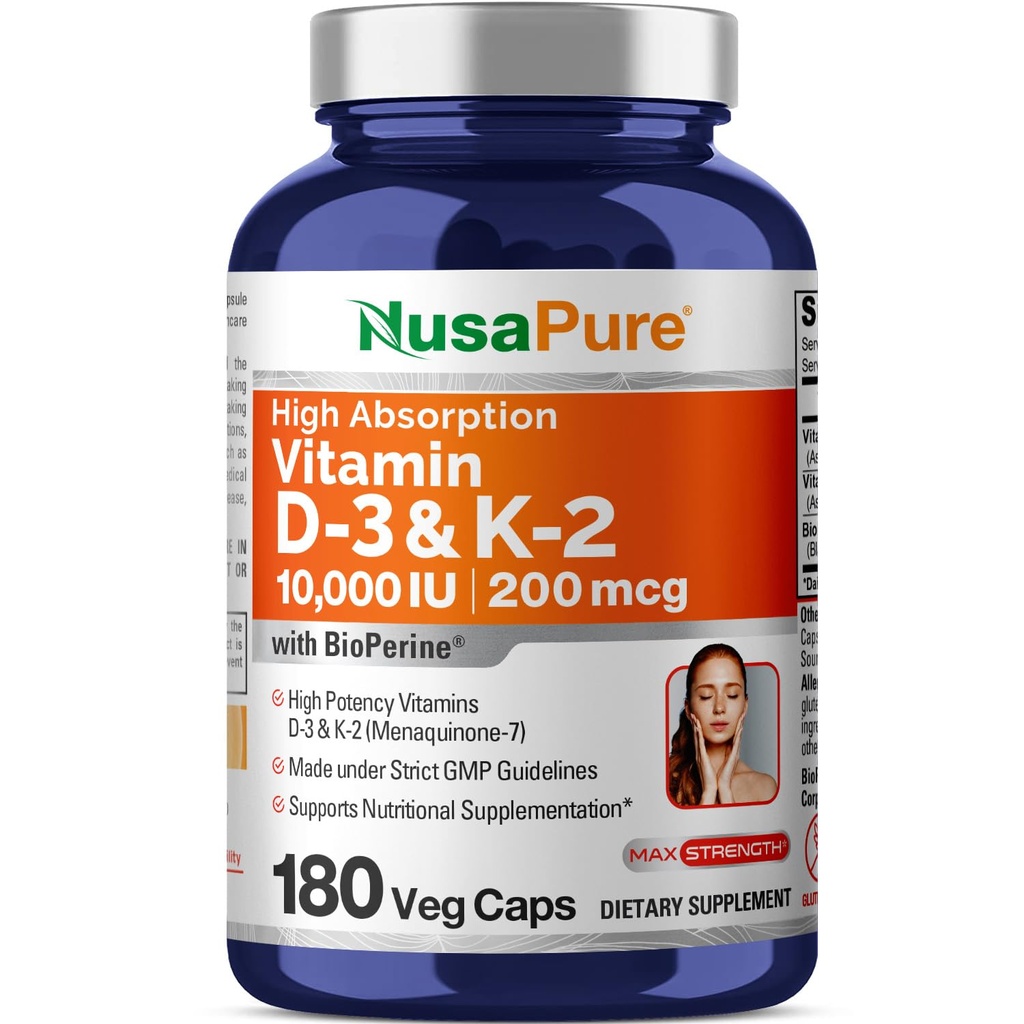 NusaPure Vitamin K2 (MK7) (200mcg) + Vitamin D3 (10000 IU) 180 Veg Caps - Bioperine, Soyfree, Non-GMOMO