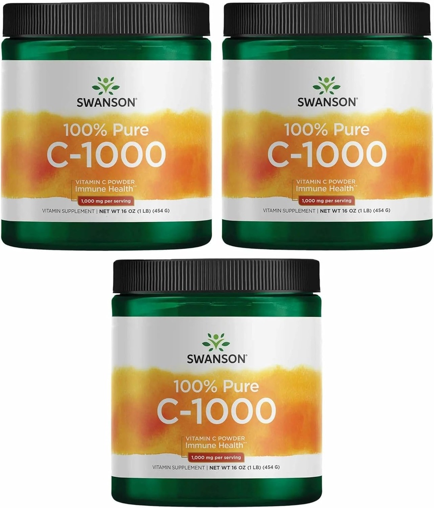 Swanson Vitamin C Powder 100% Pure Ascorbic Acid, Immune System Support, Skin Health, Cardiovascular Health, Antioxidant Supplement 1000 mg (per Serving) 1 lb. 454 g (3 Pack)