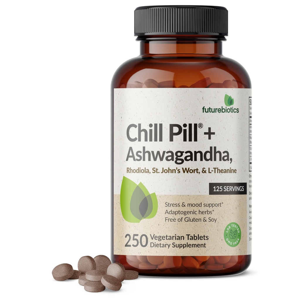 Futurebiyotiks Chill Pill + Ashwagandha, Rhodiola, St. John's Wort, & L-Theanine - Non-GMO, 250 Vegetarian Tabletler