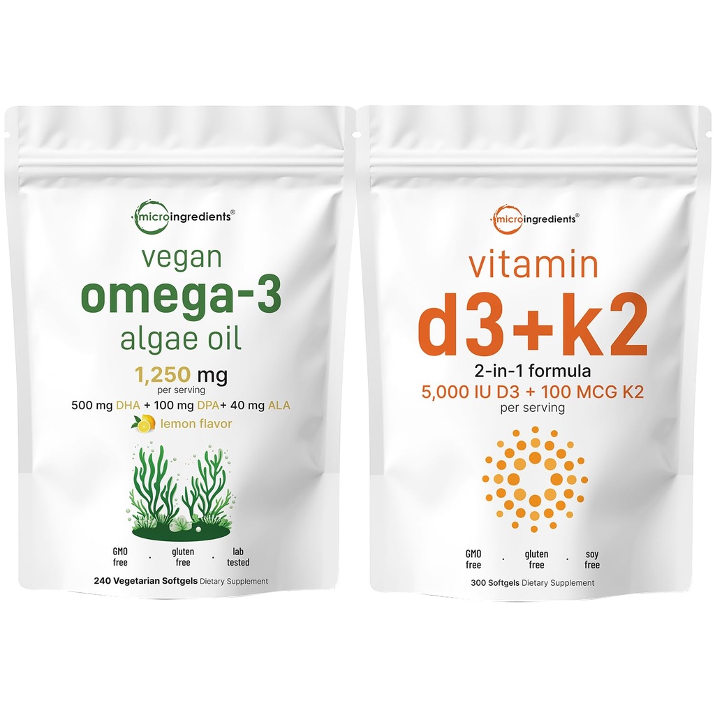 Mikro Malzemeler D3 5.000iu + K2 100 ++ Softgels & Vegan Omega 3 Algae Oil Supplement Sche 2 Pack | Essential Sunshine Vitamins | Omega-3 Full Spectrum Alternative to Fish Oil Oil Oil