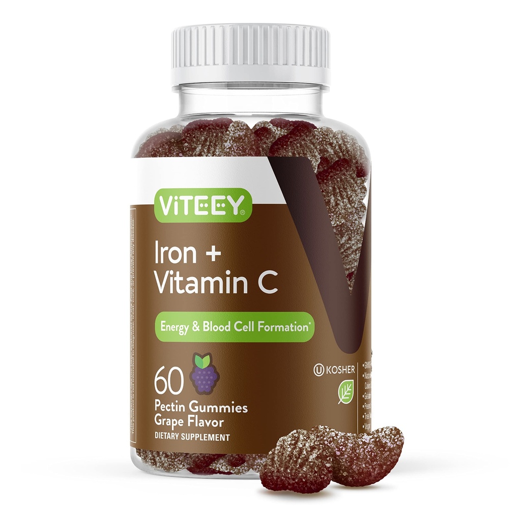 Viteey Iron Gummies - Vitamin C ile Demir - Enerji, Bood Destek ve Kadınlar ve Erkekler için Anemi Supplement - Vegan, Gluten Free - 60 Count