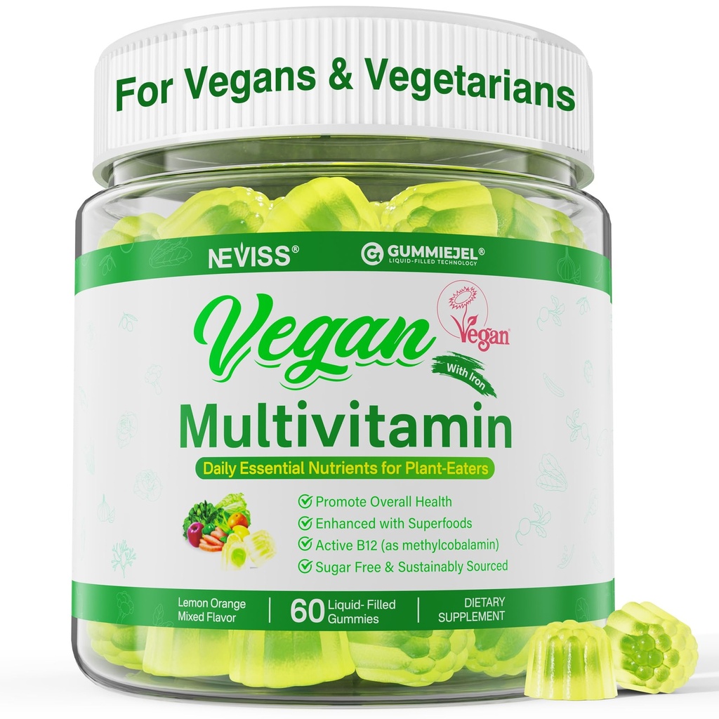 NEVISS Vegan Kadınlar ve Erkekler için Multivitamin / B12, D3 K2, Bitki bazlı Omega 3 (DHA +EPA), Demir, Choline, çinko, Tüm Gıda Günlük Vitaminleri Vegans & Vegetarians, Sugar Free, 60Cts