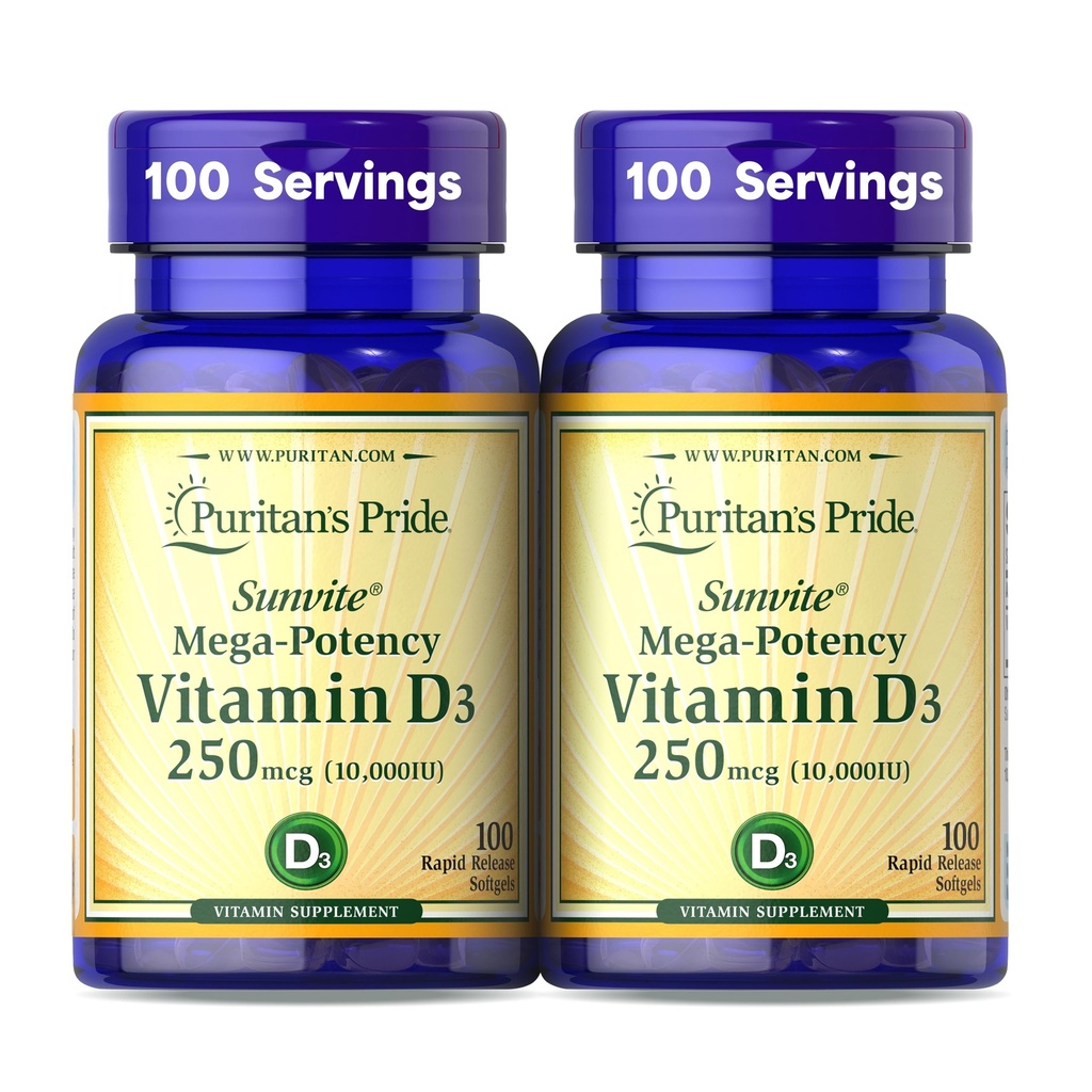 Puritan'ın Gurur Premium SunviteTM Mega-Potency Vitamin D3 10.000 IU, Sağlıklı Kemikler için Diyetsel Tamam, Dişler ve Immune Sistem Desteği, 100 Hızlı Yayın Softgels
