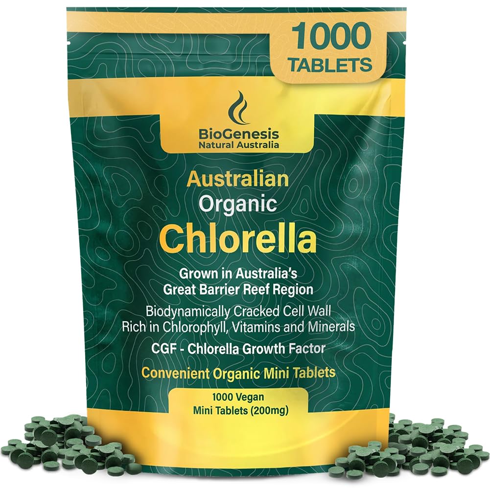 Biogenesis Organik Klorella Mini Tabletler - 1000 Kont (200 mg) | Avustralya Grown | Chlorophyll, Vitamins & Minerals | Destekler Enerji & Immunity | Vegan Mini Tabletler