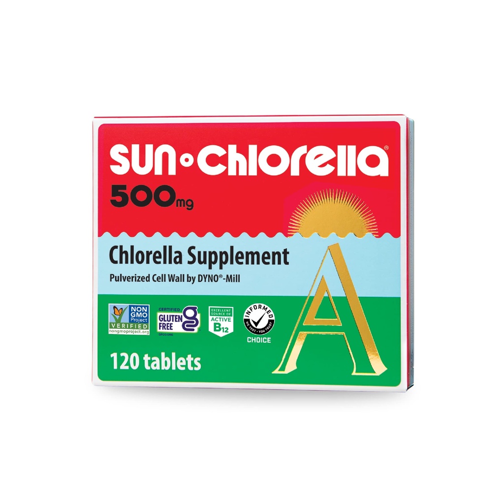 Sun Chlorella 500 mg Whole Body Wellness Green Algae Superfood Supplement - Immune Defense, Gut Health, Natural Purification, Energy Boost - Chlorophyll, B12, Iron, protein - Non-GMO - 120 Tablet