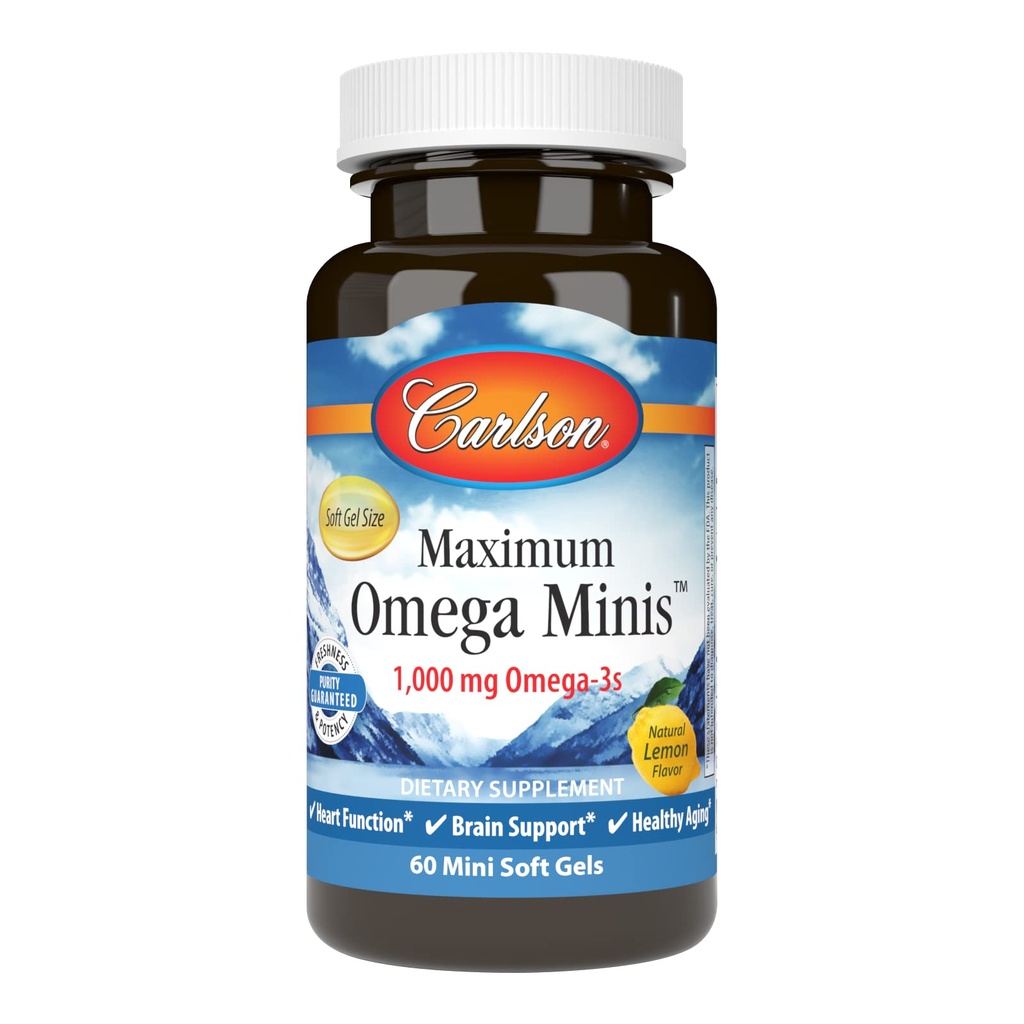 Carlson - maksimum Omega Minis, 1000 mg Omega-3s, Kalp Fonksiyonlar, Beyin Destek ve Sağlıklı Ağlama, Limon, 60 Mini Softgels