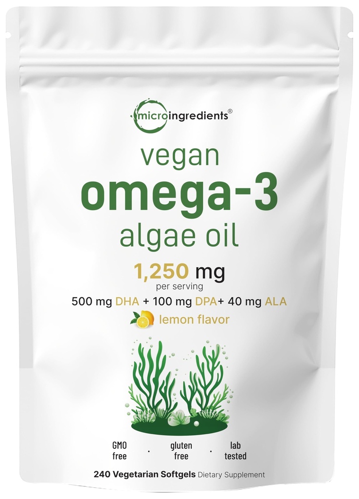 Mikro Malzemeler Vegan Omega 3 Algae Oil, 240 Veggie Softgels | Fish Oil Alternative | DHA 500 mg & DPA 100 mg | Carrageenan Free | Plant-Based Omega 3 with Flaxseed & ALA | Lemon Flavored