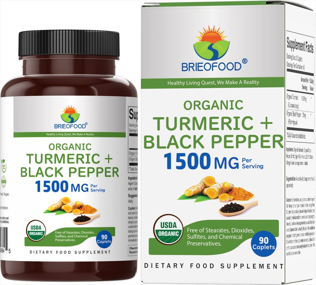 Brieofood Organik Turmeric with Black Pepper 1500 mg, 45 Hizmet, Vejetary, Gluten Free, 90 Vejetaryen Tabletler