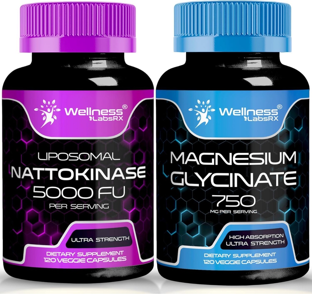 WELLNESS LABSRX Nattokinase Supplement Capsules - 5000 FU - Magnezyum Glycinate Capsules 750 MG