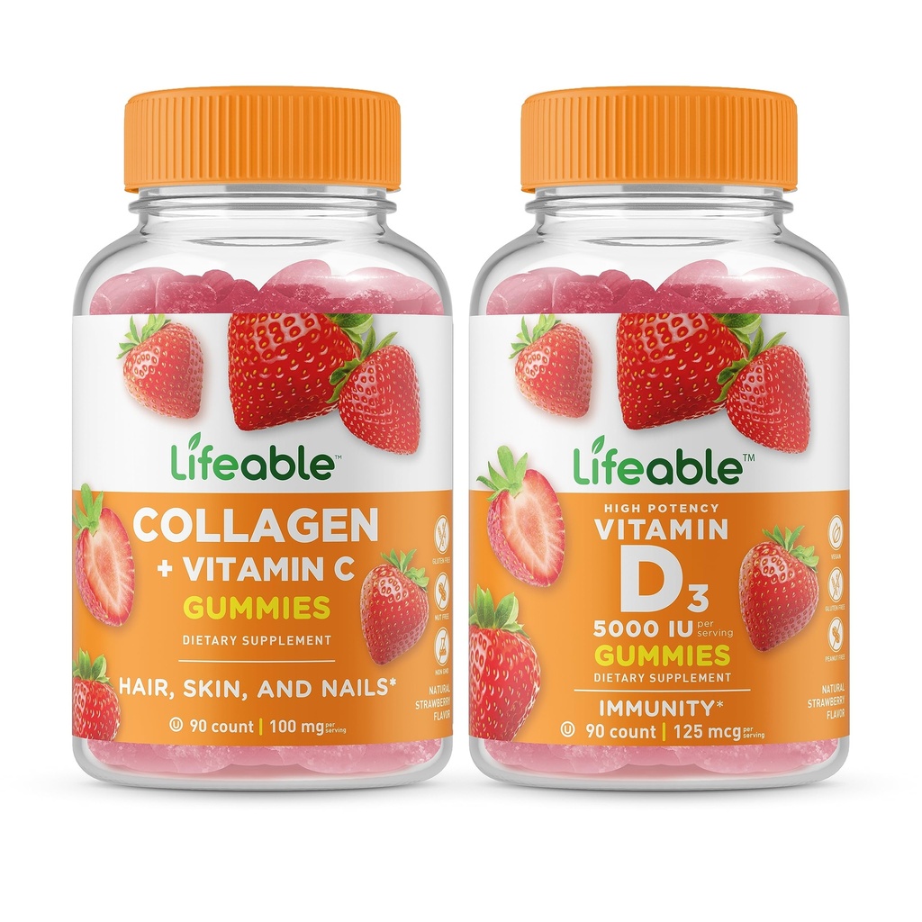 Lifeable Collagen & Vitamin C + Vitamin D 5000 IU, Gummies Sche - Great Tasting, Vitamin Supplement, Gluten Free, GMO Free, Chewable Gummy