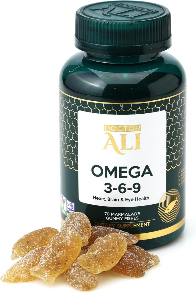 Doktor ALI - Vegan Omega 3-6-9 Gummies | Fish-Free, Non-GMO, Organik Malzemeler | Beyin, Kalp ve Vizyon Yetişkinler ve Çocuklar için Destek | Gelatin-Free | Gluten-Free | 70 Count