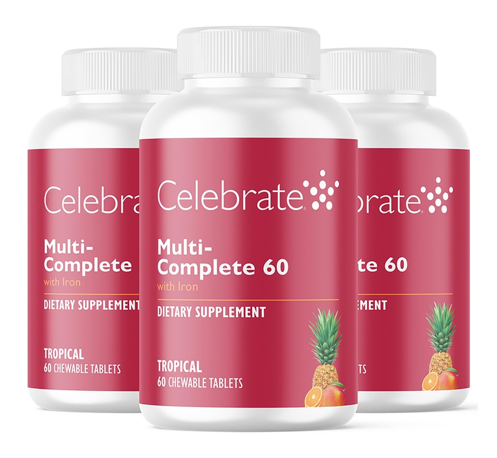 Vitaminler Multi-Complete Chewables, 60 mg Iron - Günlük Bariatrik Kol Gaztrektomi ve Gaztrik Bypass Cerrahi Hastaları - Temel Vitaminler ve Mineraller - Tropikal (180 Tablet)