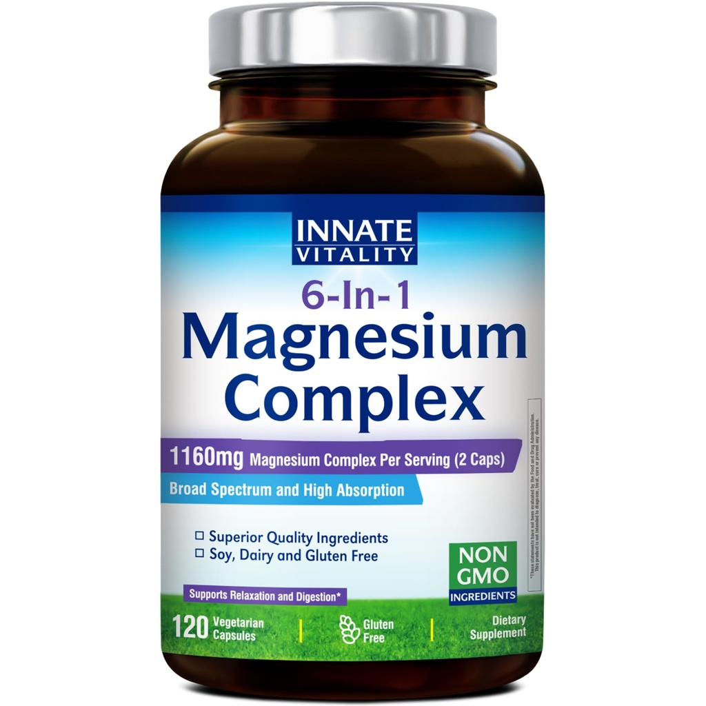 Innate Vitality Magnezyum Kompleksi 6-in-1, 1160 mg Per Servis, Rest & Digestion, Magnezyum Glycinate & Citrate, High Abxia, 120 Vegan Capsules