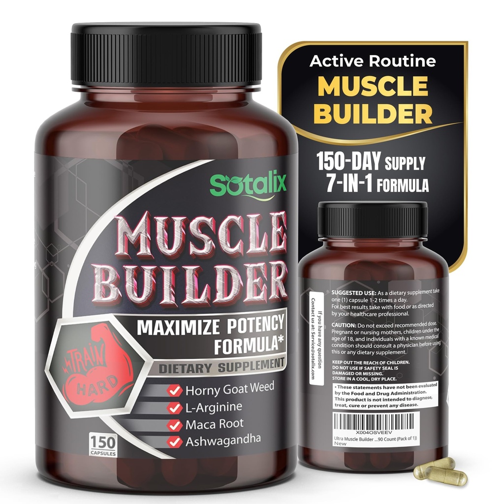 L-Arginine & Tribulus ile Ultra Muscle Builder Supplement – Spor Eğitimi Desteği – 150 Capsules (150-Day Supply)