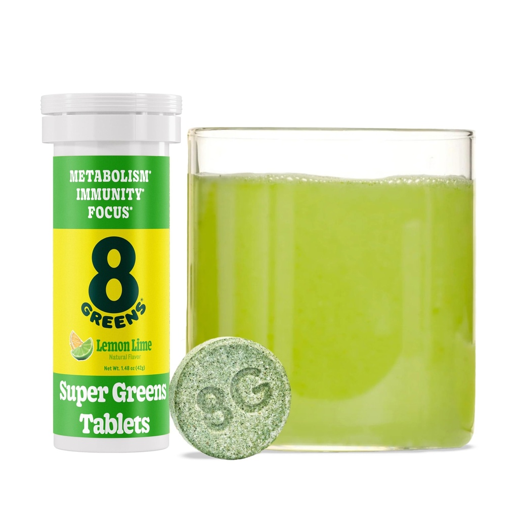 8Greens Supergreens Tabletleri | Super Greens Toz Superfood Tablet, Metabolism Immunity & Focus, Daily Greens Effervescent Tabletleri, Organik: Aloe Vera, Spirulina, Chlorella, Lemon Lime, 10 Hizmetler