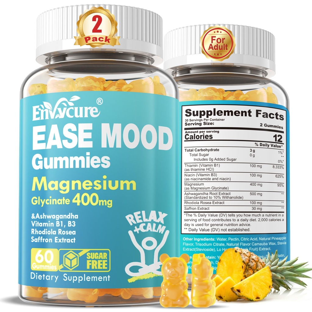 Sugar Free Magnezyum Glycinate Gummies 400mg with Ashwagandha, B1, B3, Rhodiola Rosea & Saffron for Support Rest, Mood & Calm Magnezyum Gummies for Yetişkinler, Chewable Supplement, Vegan, 120Ct