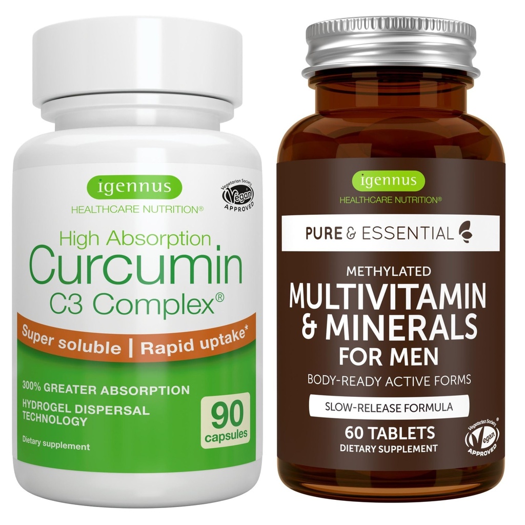 Erkekler için Multivitamin & Minerals + High Abxia Curcumin C3 Kompleksi, Vegan Sche, Sustained release Advanced Multivitamin + 300 Greater Abxia Curcuminoids with Rapid Uptake, by Igennus