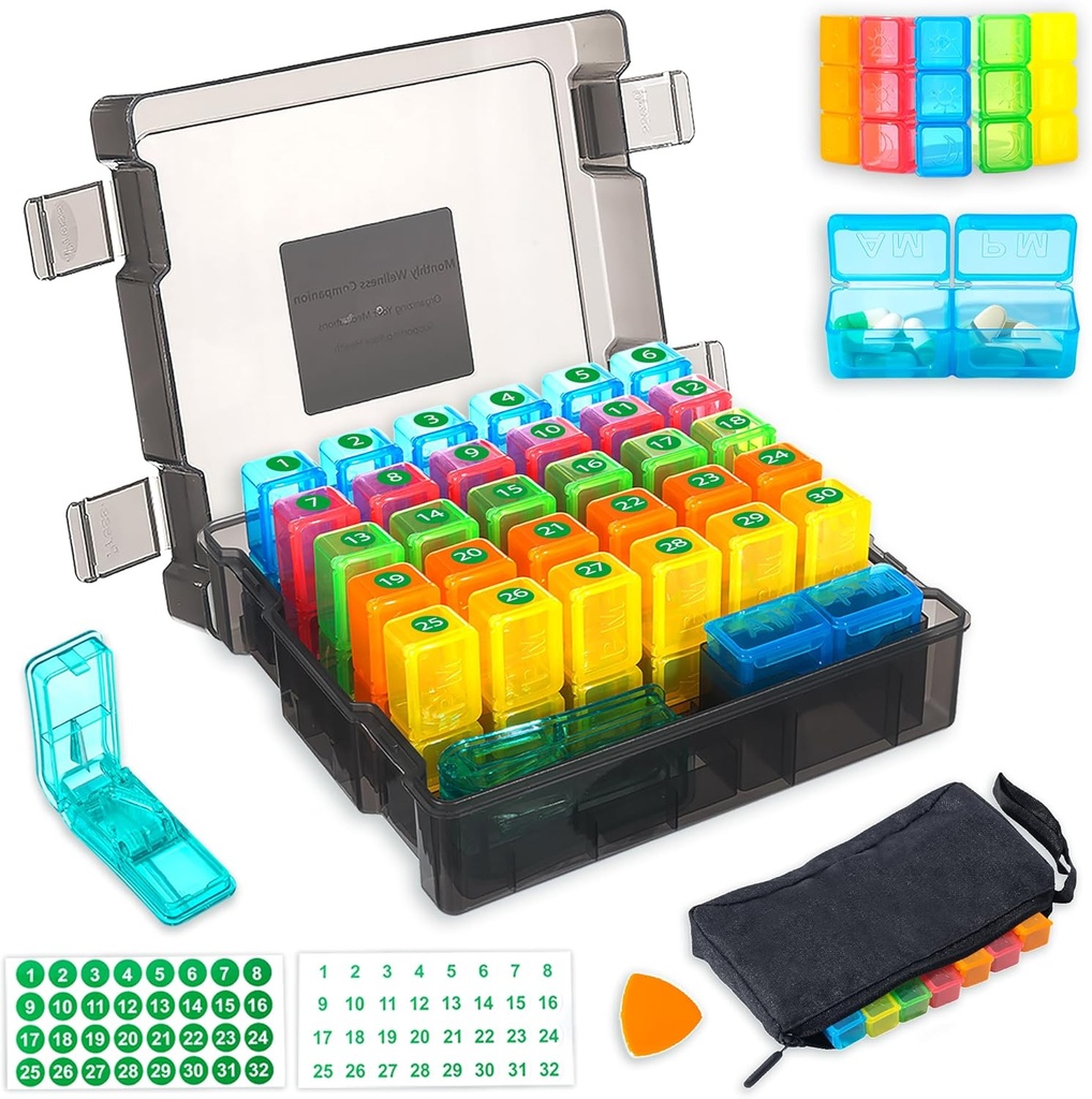 Monthly Pill Organizer 2 Times a Day with 31-Day Moistureproof Box, Weekly Pill Bag, Pill XS, Plastik Açılış Kolay Kullanım için Büyük Kapasite (Black)