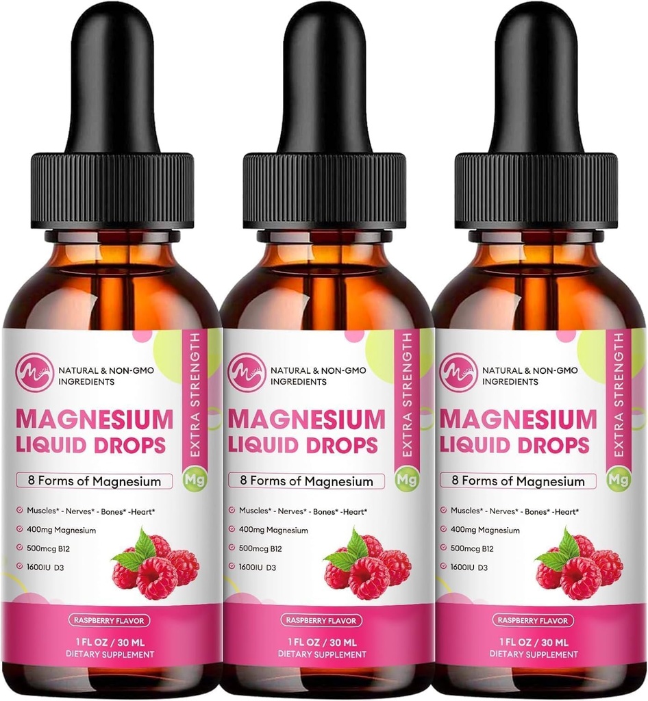 (3 Pack) Magnezyum Liquid Drops - 8 in 1 Magnezyum Kompleksi Glycinate, Citrate, Malate, Taurate, Beyin, Gece, Kas, Bone, Cramps, Raspberry Flavor