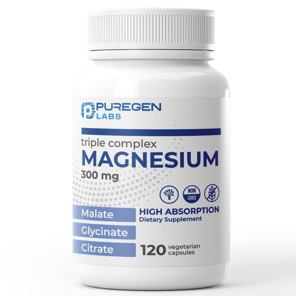Puregen Labs Triple Magnezyum Kompleksi 300 mg of Glycinate, Malate, & Citrate [High Abxia] 120 Veg Capsules | No Harmful Katkılar | Non-GMO, NO Gluten ve Dairy | Made in USA