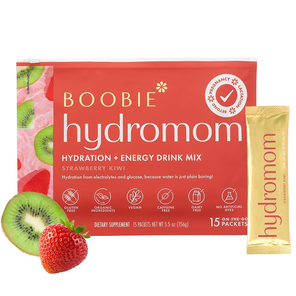 Boobie Hydromom Superfood Electrolyte Drink Mix, Strawberry Kiwi | Enerji ve Hydration Boost for Mamas | On-The-Go & Travel Essentials for Gebelik, Lactation, & Beyond, 15 Packets