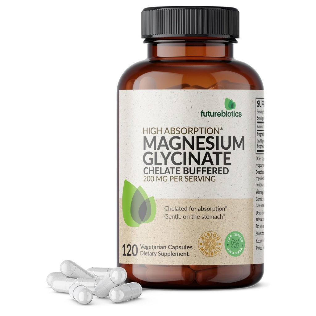 Futurebiyotiks Magnezyum Glycinate 200 MG, High Abors için Chelated, Gentle On Stomach, Non-GMO, 120 Vegetarian Capsules