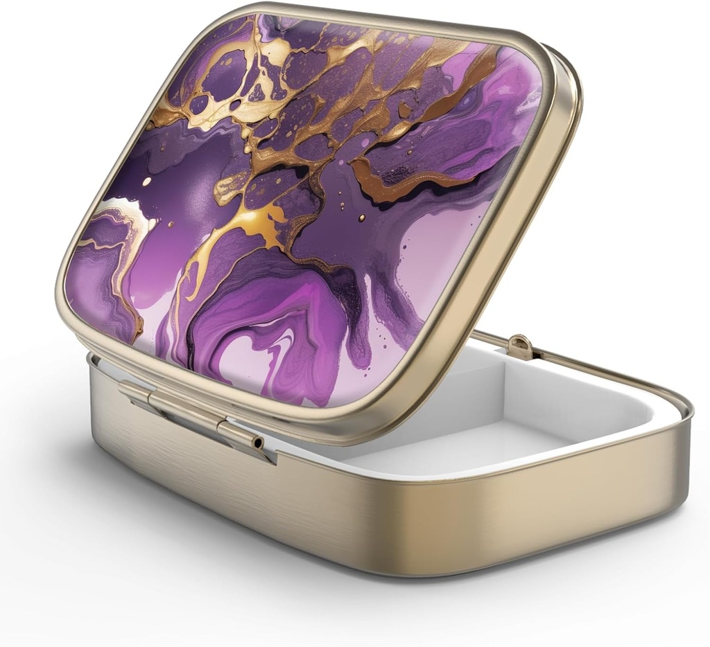 Pill Case Pill Box with Mirror Retro 2 Compartment Small Pill Case for Purse or Pocket Bronze Rectangular Pill Box or Vitamins, Fish Oil, Supplements, Pill Containe Travel Gifts（Gold Marble）