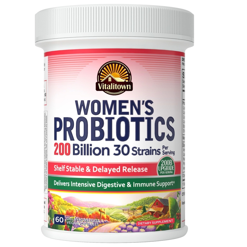 Vitalitown Women's Probiyotiks | 200 Milyar CFUs 30 Strains | 60 ct | Raf Stable, Acid Dayanıklı | Replenish Good Bakteri, Yoğun Digestive & Vaginal Support | Vegan, Non-GMO