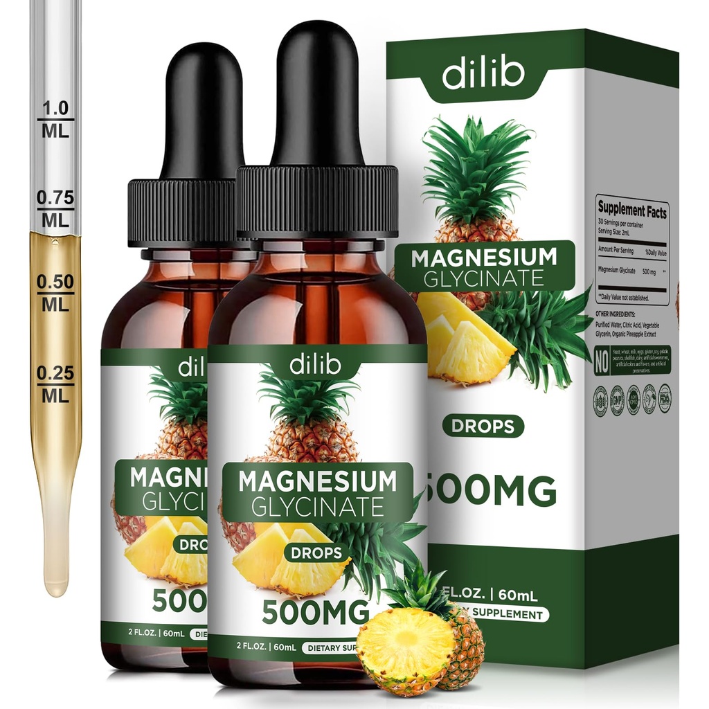 (2 Pack) Magnezyum Glycinate Supplement, Liquid Magnezyum Glycinate Liquid Drops 500 mg-Depres, Rahatlama, Mood, Sleep, Bone & Muscle-4 Fl Oz, Vegan, Pineapple Flavor